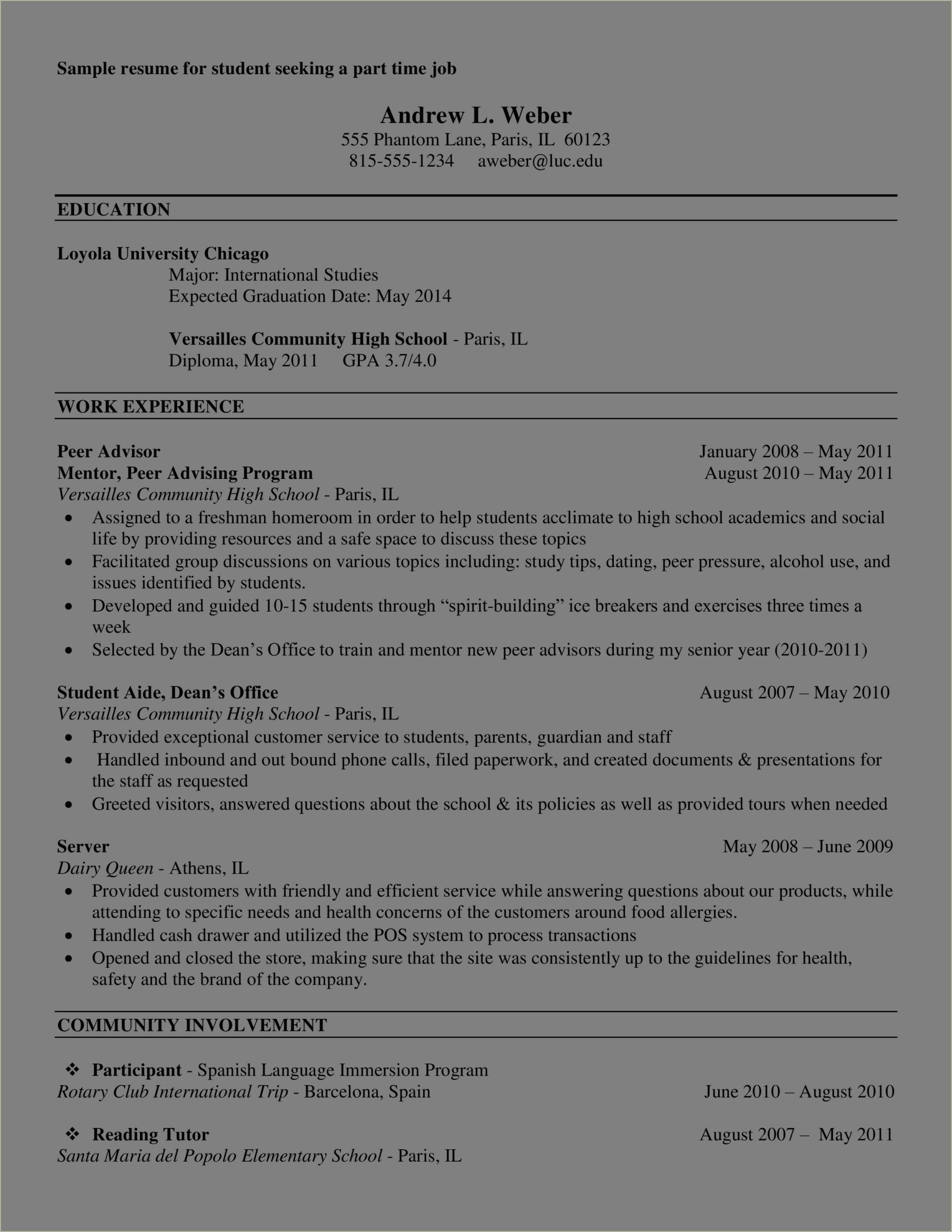 Sample Resume For Part Time Job In Restaurant