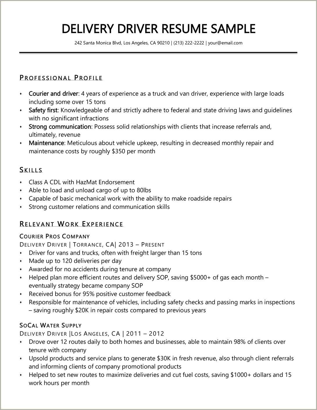 Sample Resume For Parts Delivery Driver