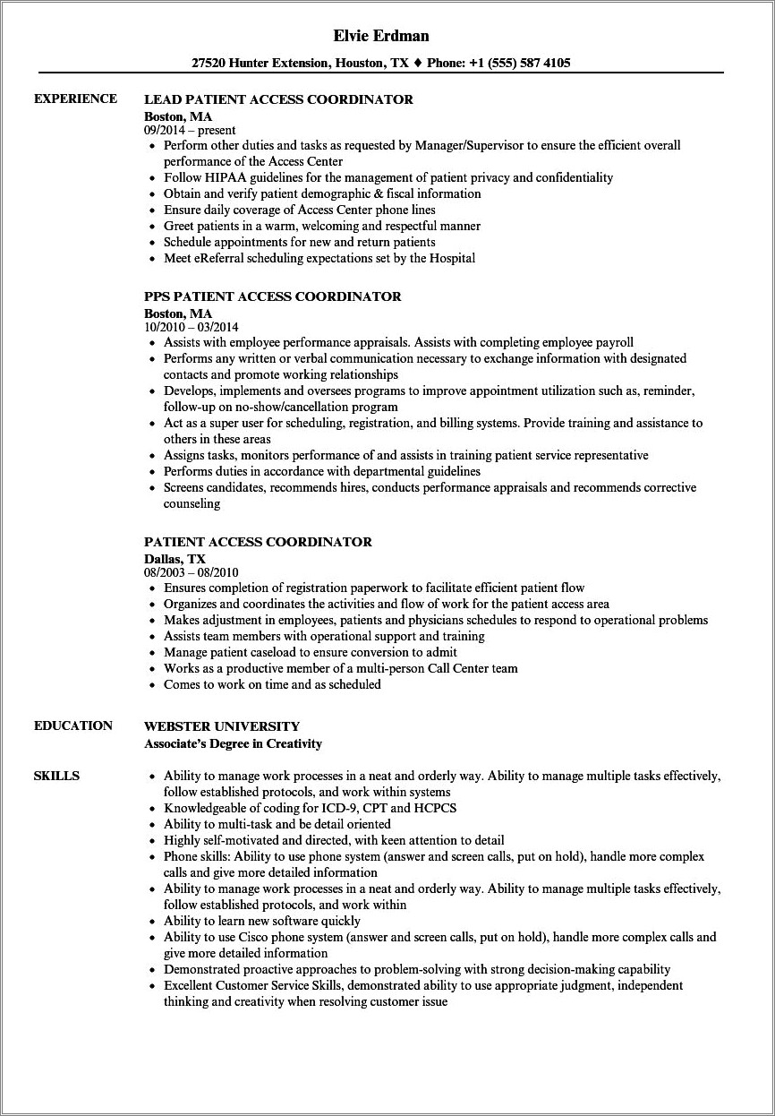 Sample Resume For Patient Access Representative