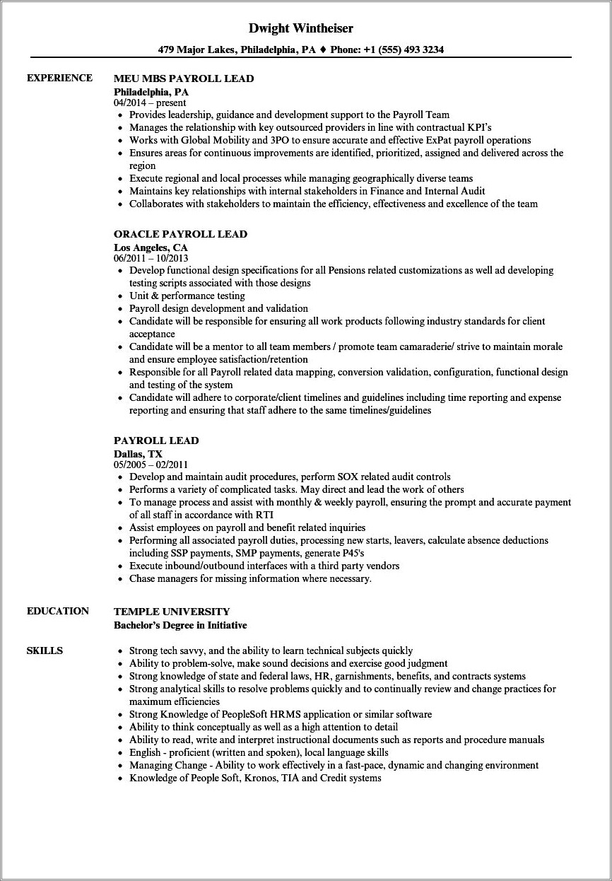 Sample Resume For Payroll Team Leader