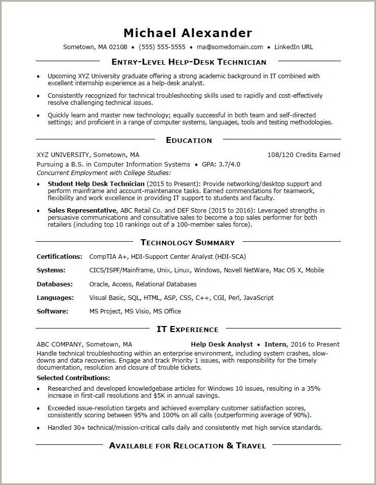 Sample Resume For Pc Installaiton Tech