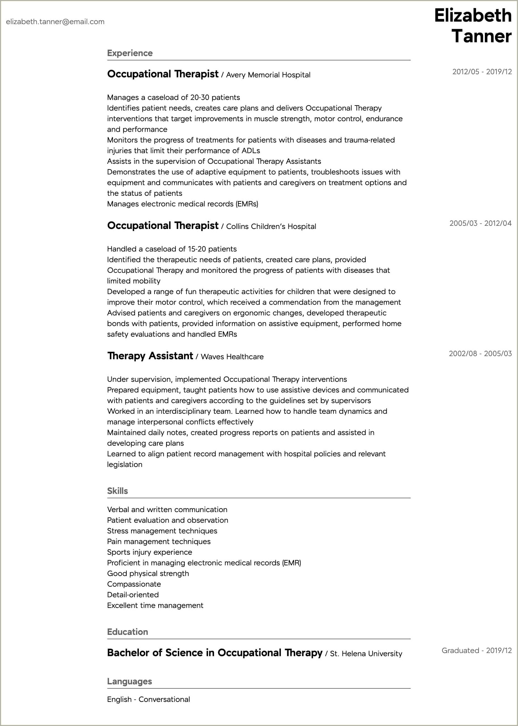 Sample Resume For Pediatric Occupational Therapist