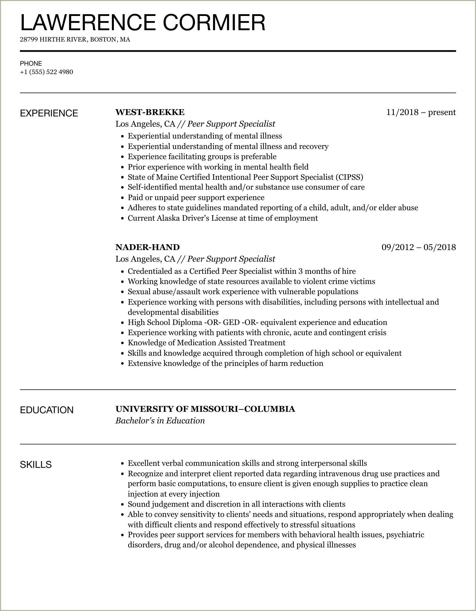 Sample Resume For Peer Support Worker