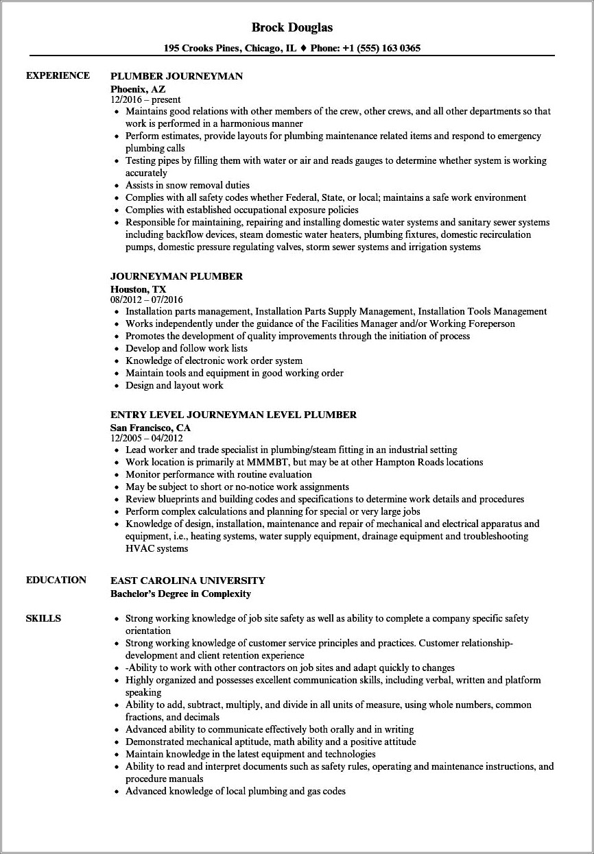 Sample Resume For Person Running Plumbing Company