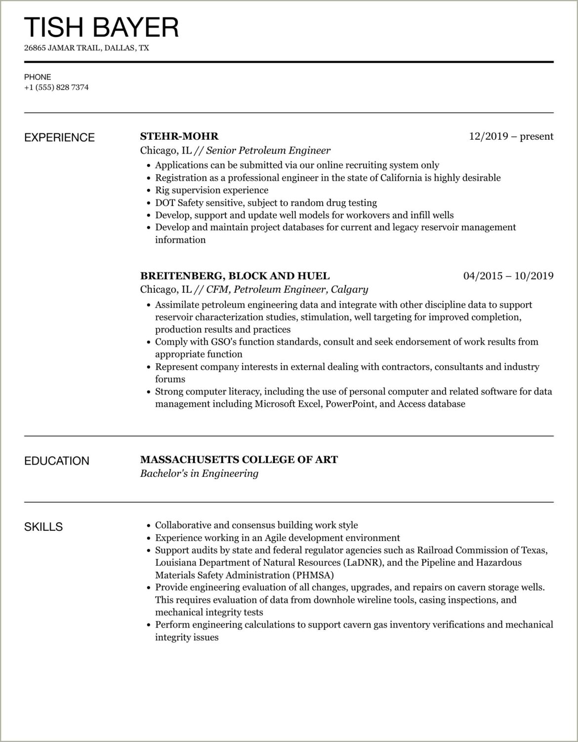 Sample Resume For Petroleum Engineering For International Graduate