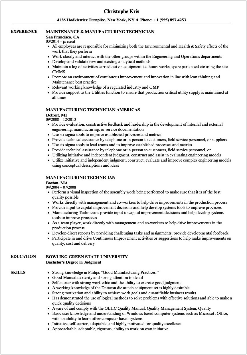 Sample Resume For Pharmaceutical Manufacturing Technician