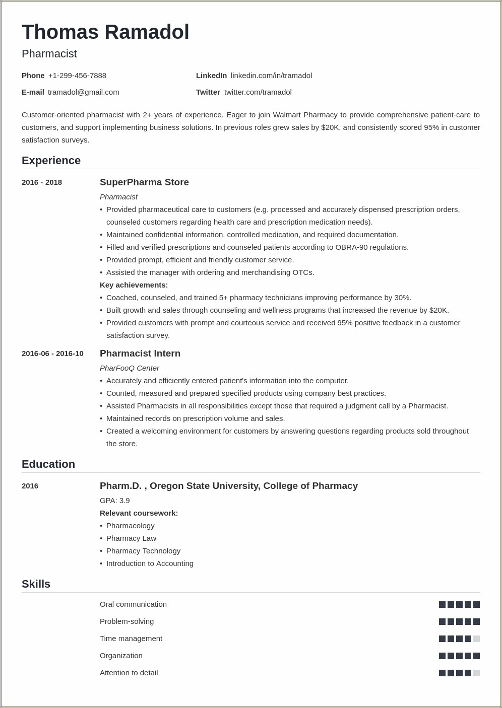 Sample Resume For Pharmacist In India