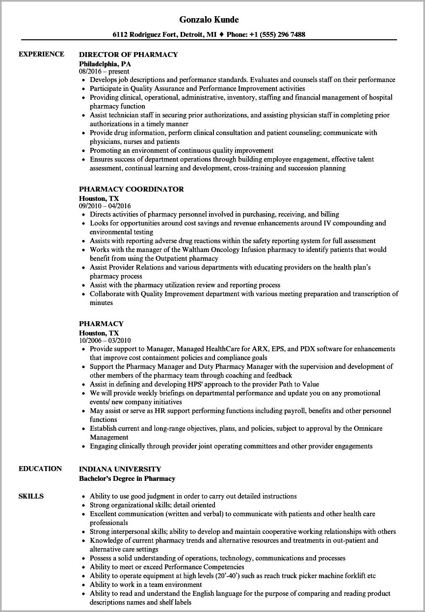 Sample Resume For Pharmacy School Application