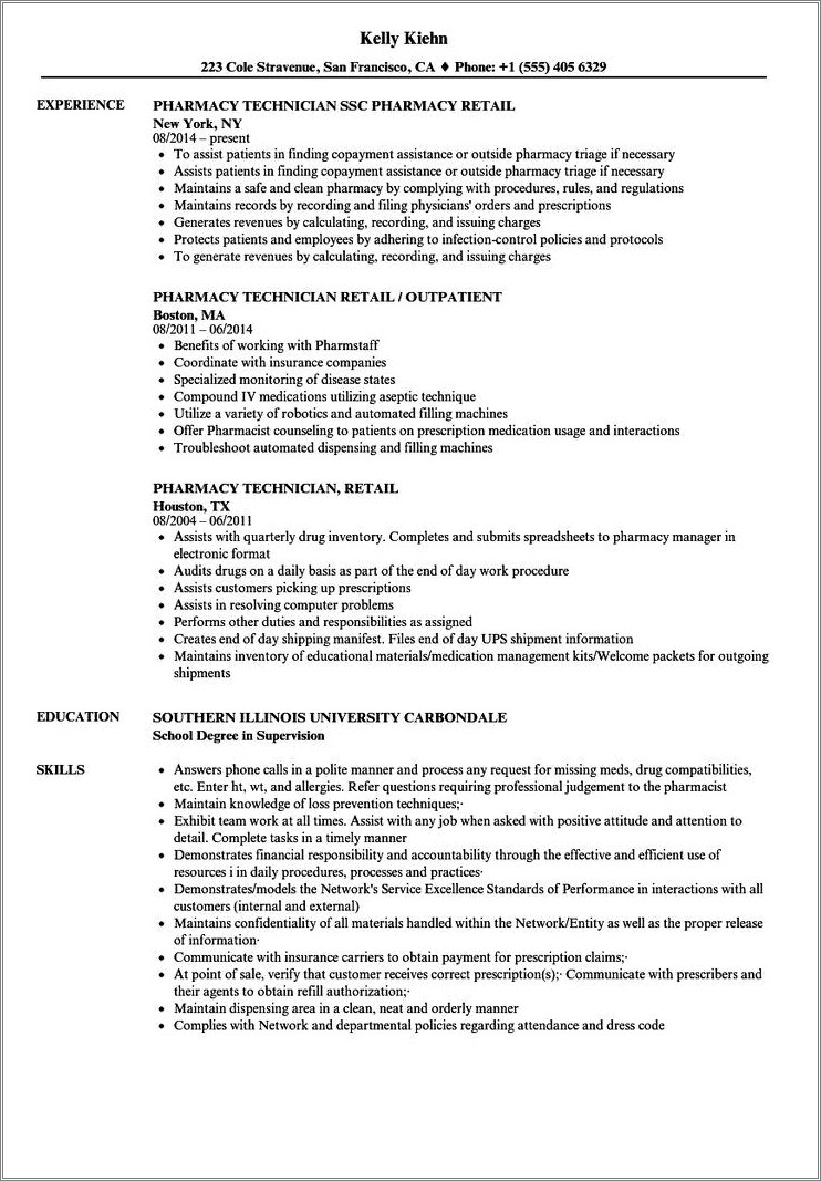 Sample Resume For Pharmacy Technician Job