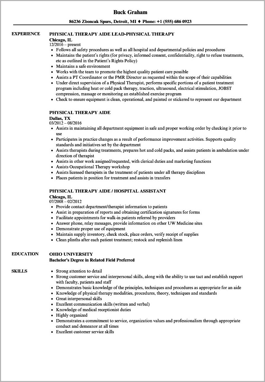 Sample Resume For Physical Therapy Technician