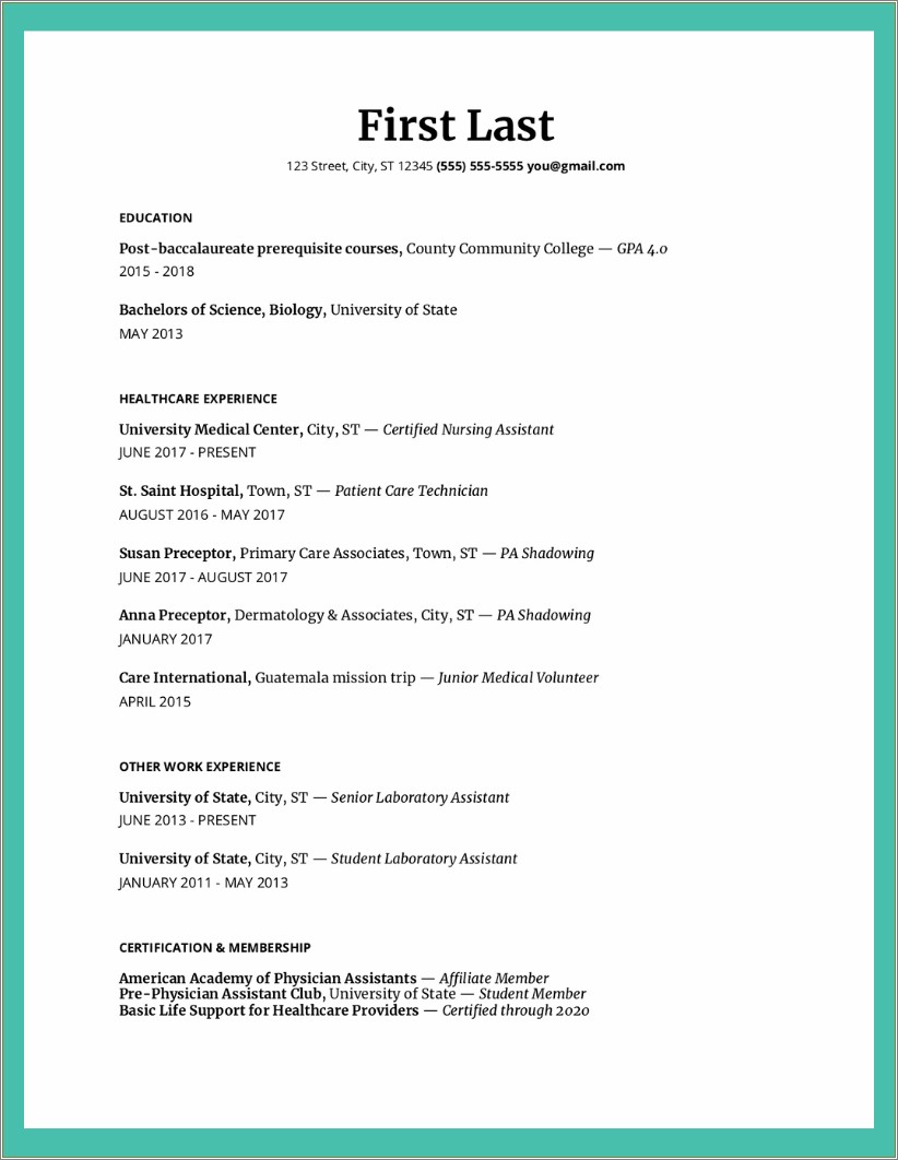 Sample Resume For Physician Assistant Student