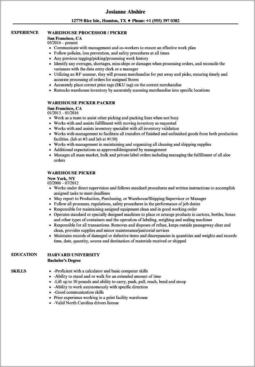 Sample Resume For Picker Packer Jobs