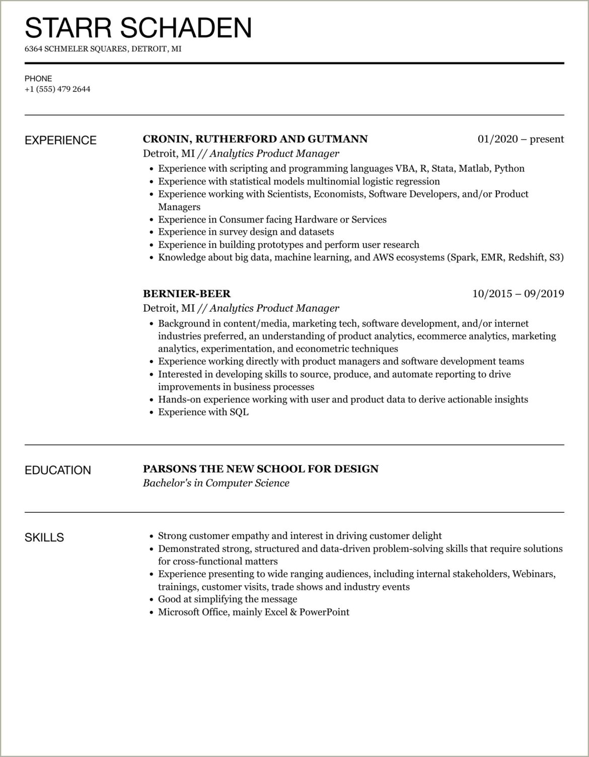 Sample Resume For Product Manager Analytics