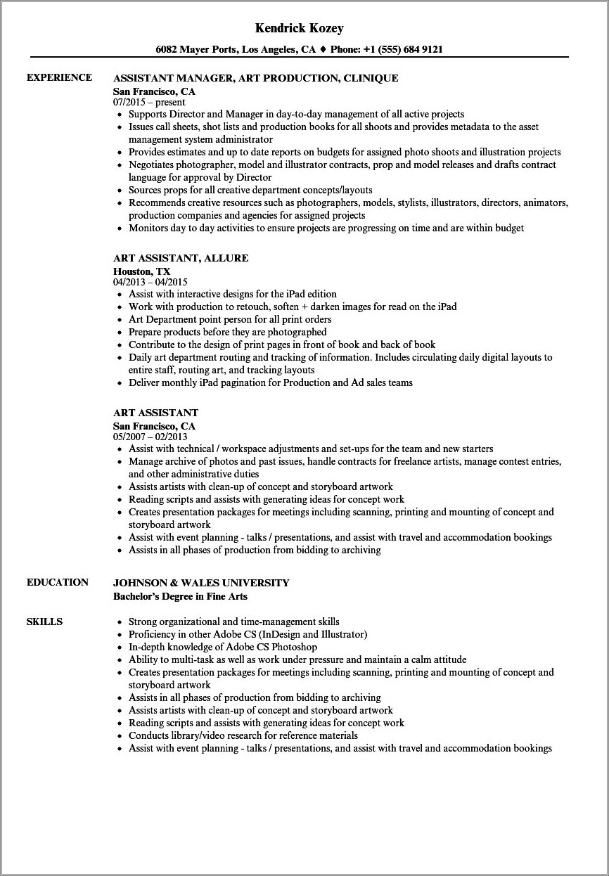 Sample Resume For Production Assistant In Film