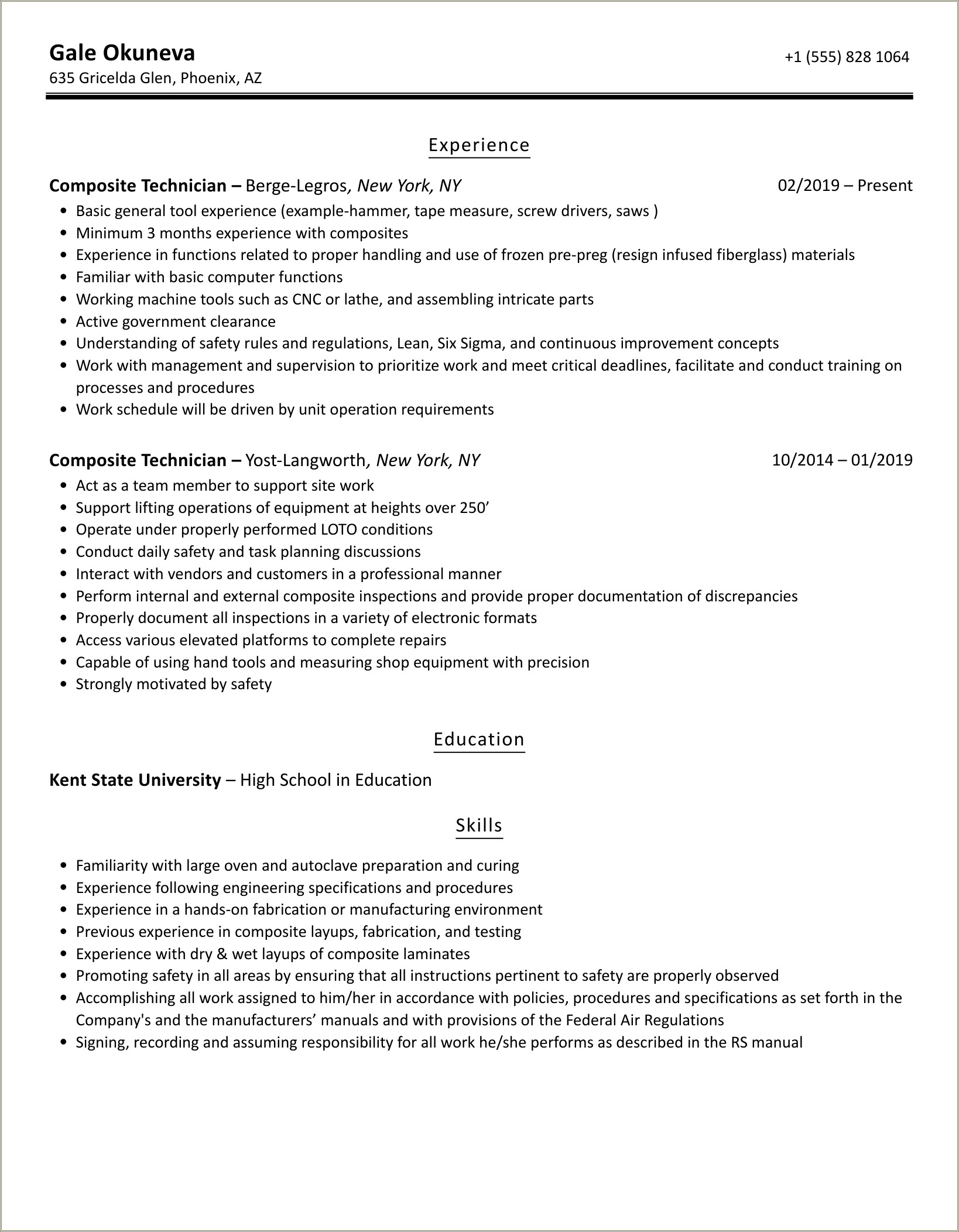 Sample Resume For Professional Composite Technician