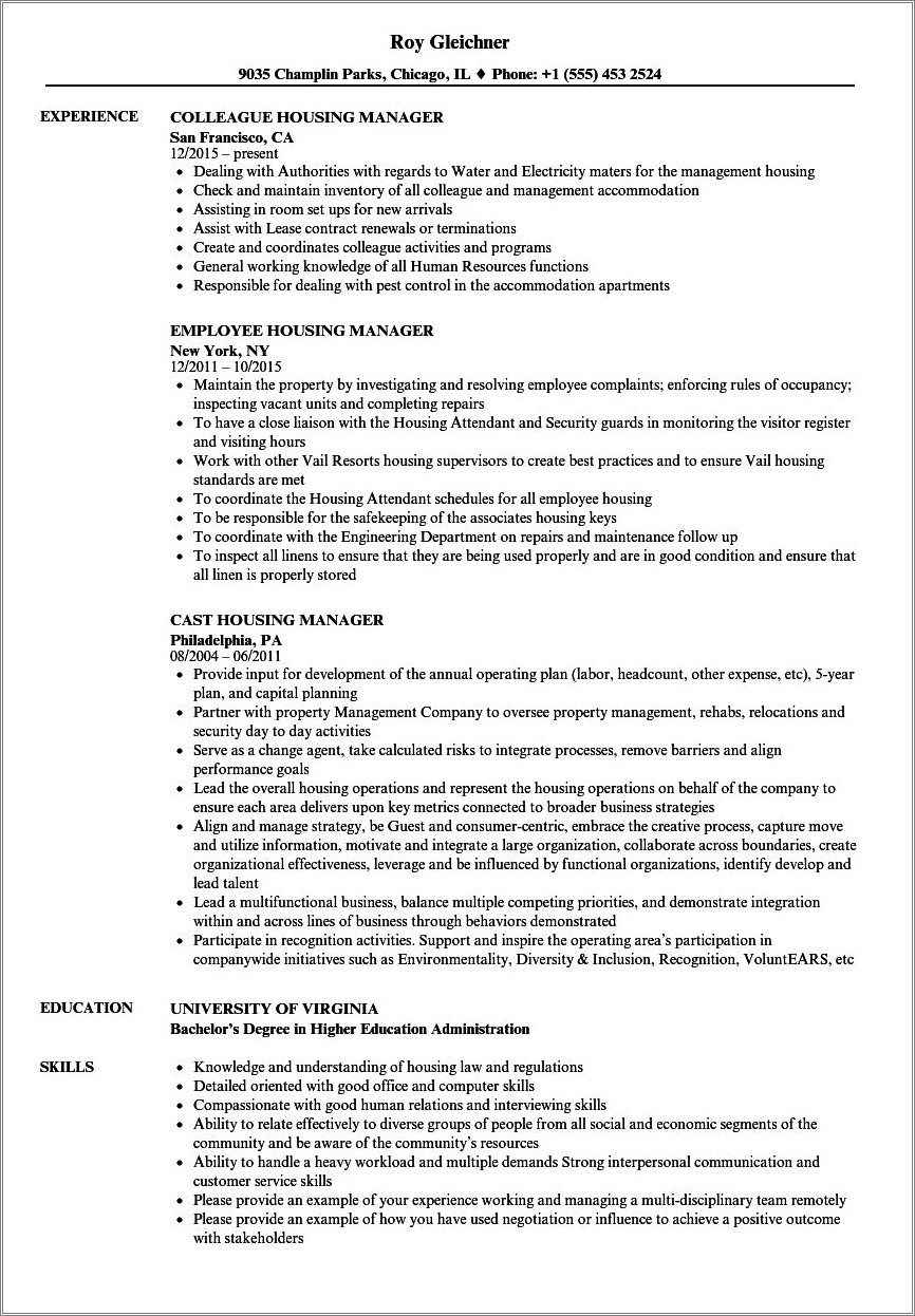 Sample Resume For Property Manager Student Housing
