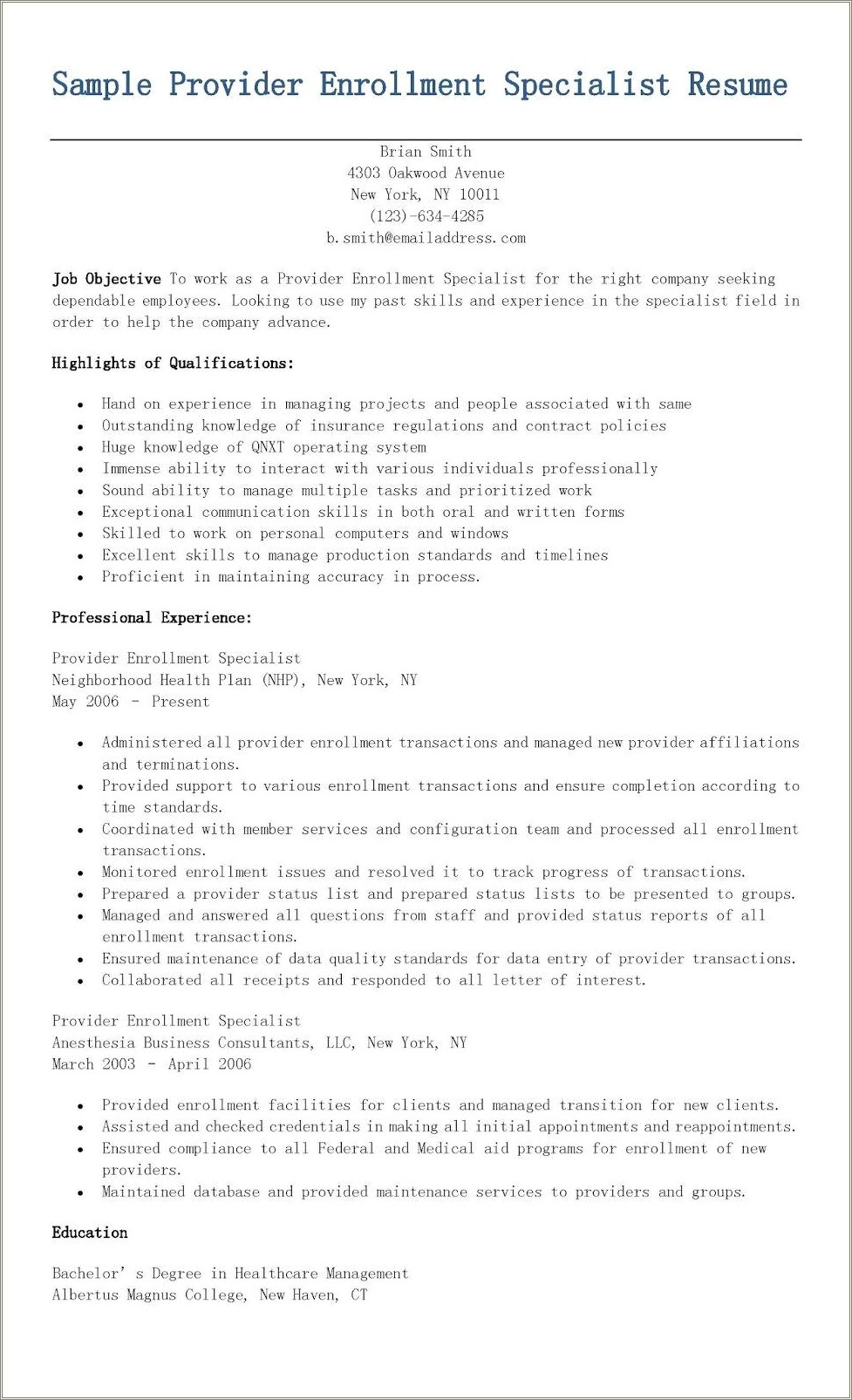 Sample Resume For Provider Enrollment Specialist