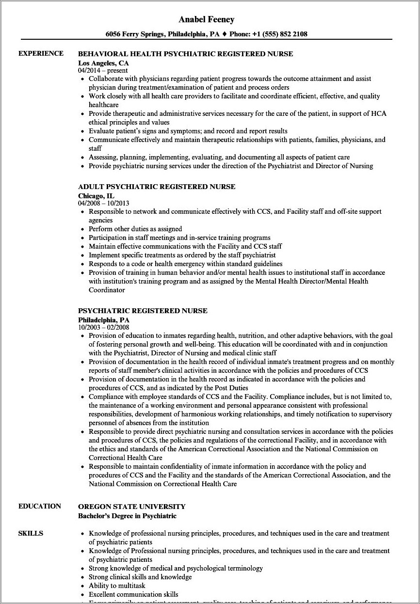 Sample Resume For Psychiatric Long Term Care Nurse
