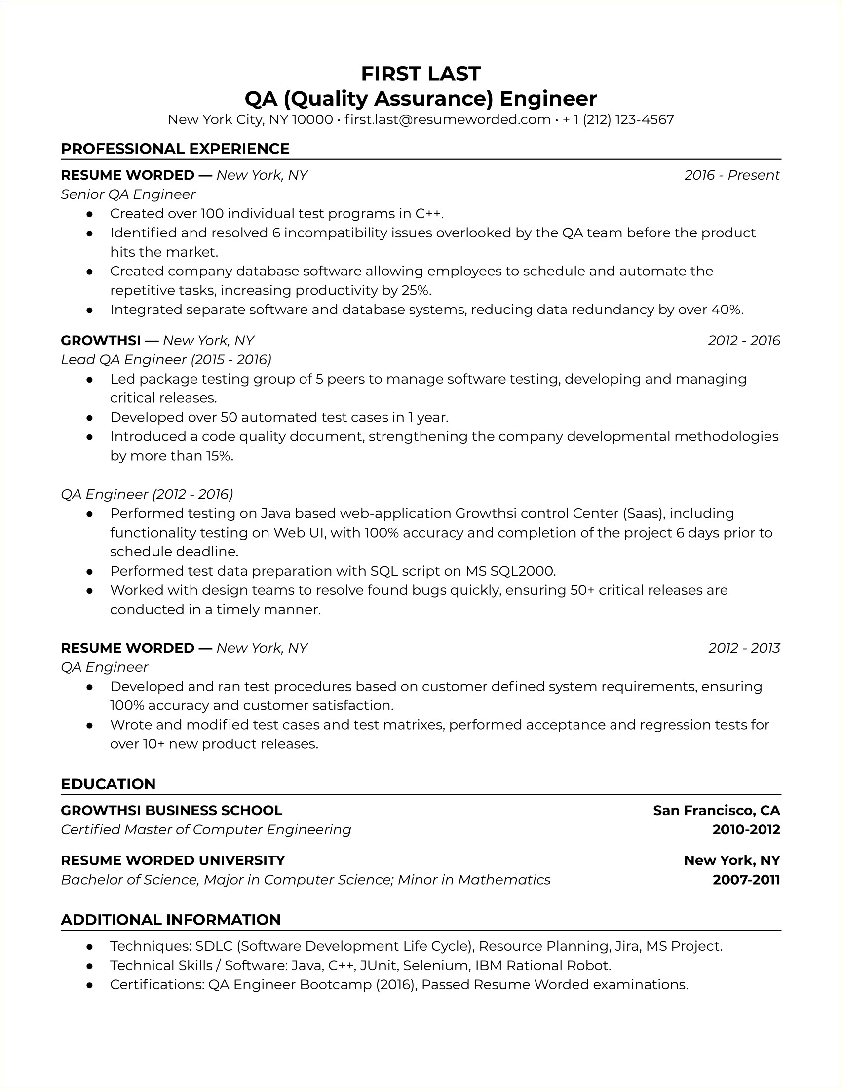 Sample Resume For Qa Automation Engineer With Testng