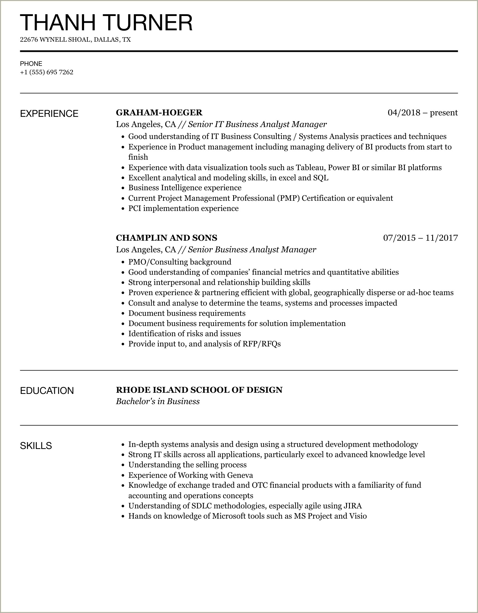Sample Resume For Qa Ba Manager