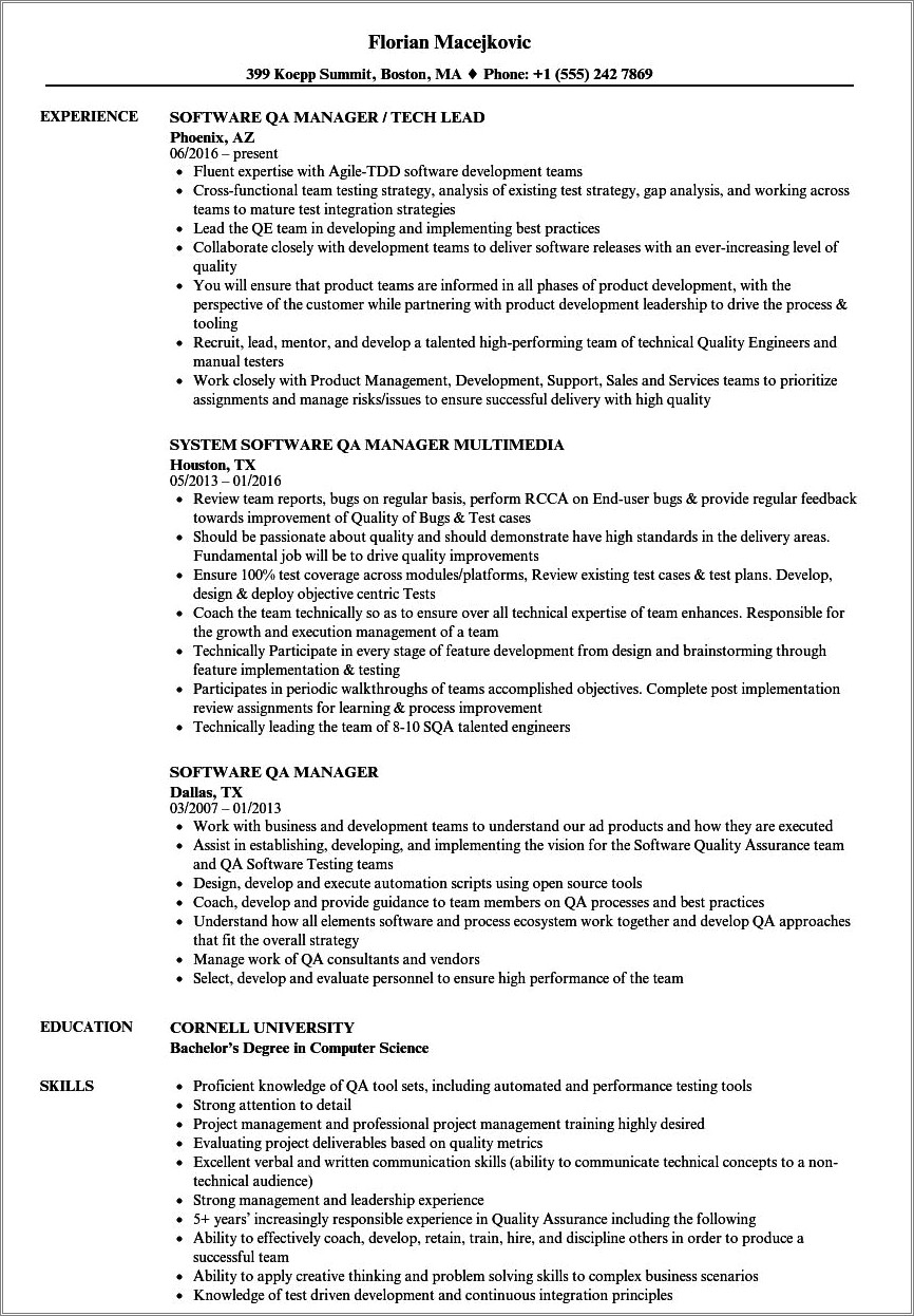 Sample Resume For Qa Manager In Pharma Company