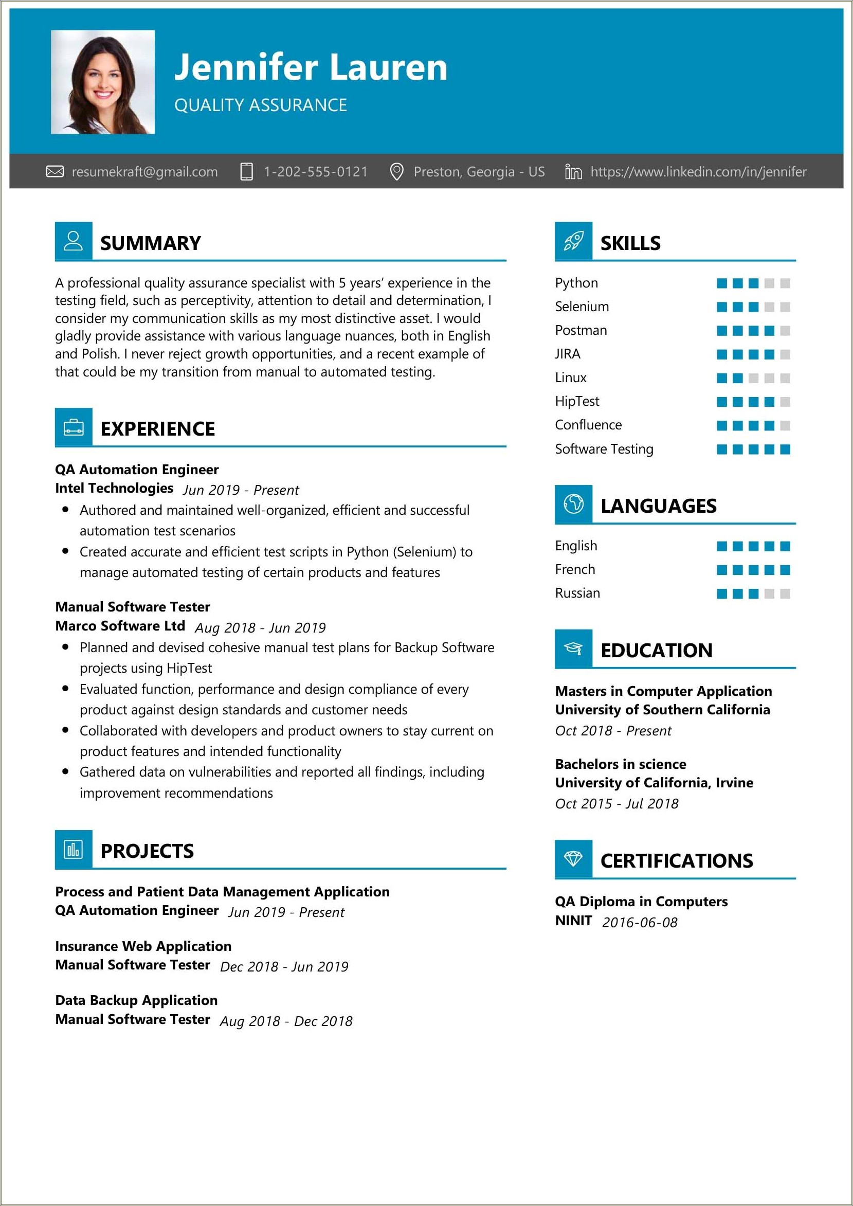 Sample Resume For Quality Analyst