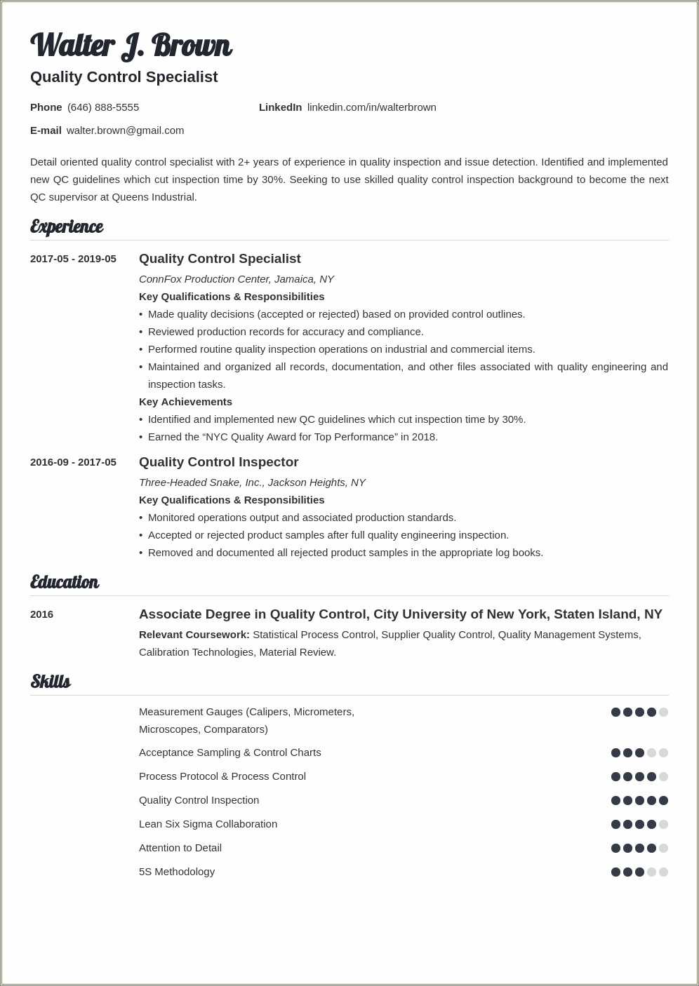 Sample Resume For Quality Control For Electronic Ovens