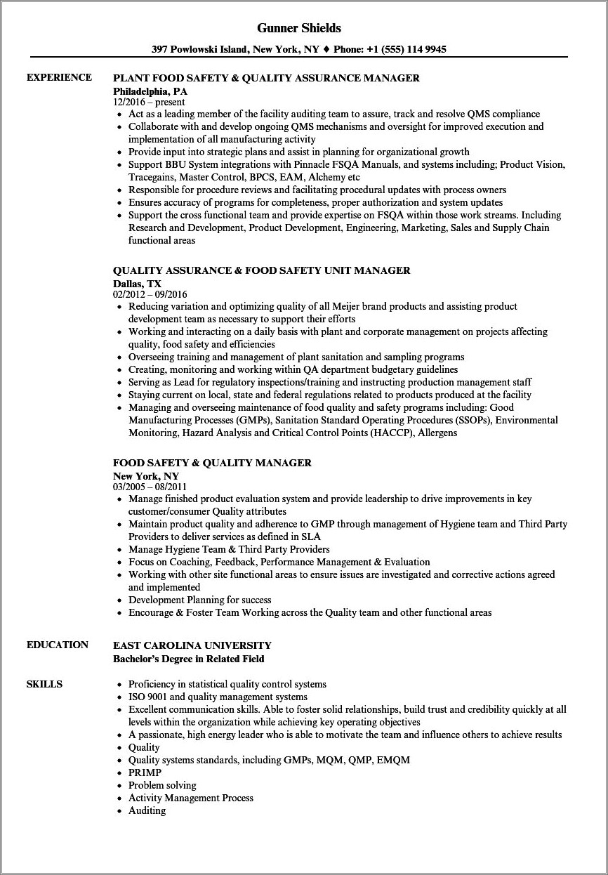 Sample Resume For Quality Control For Tortilla Manufacturing