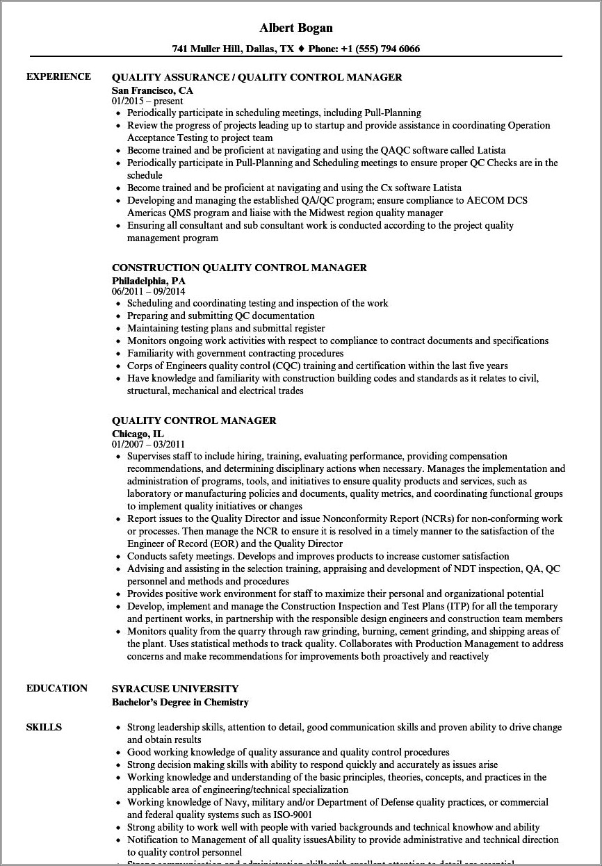 Sample Resume For Quality Control Supervisor