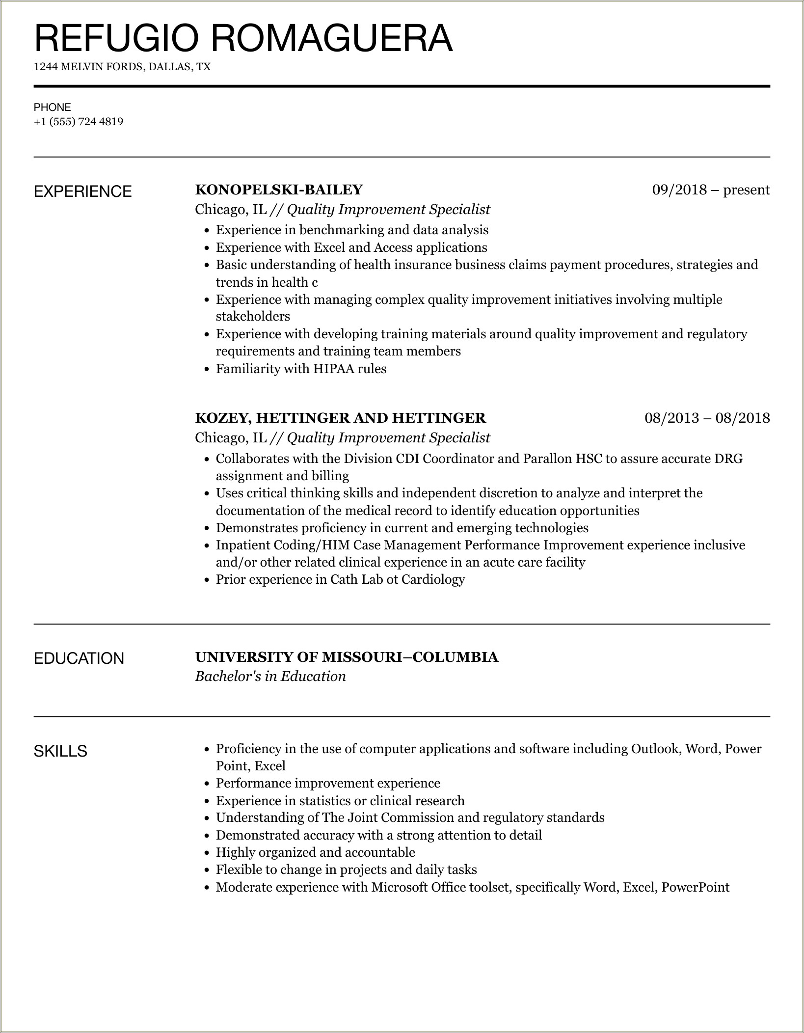 Sample Resume For Quality Improvement Specialist