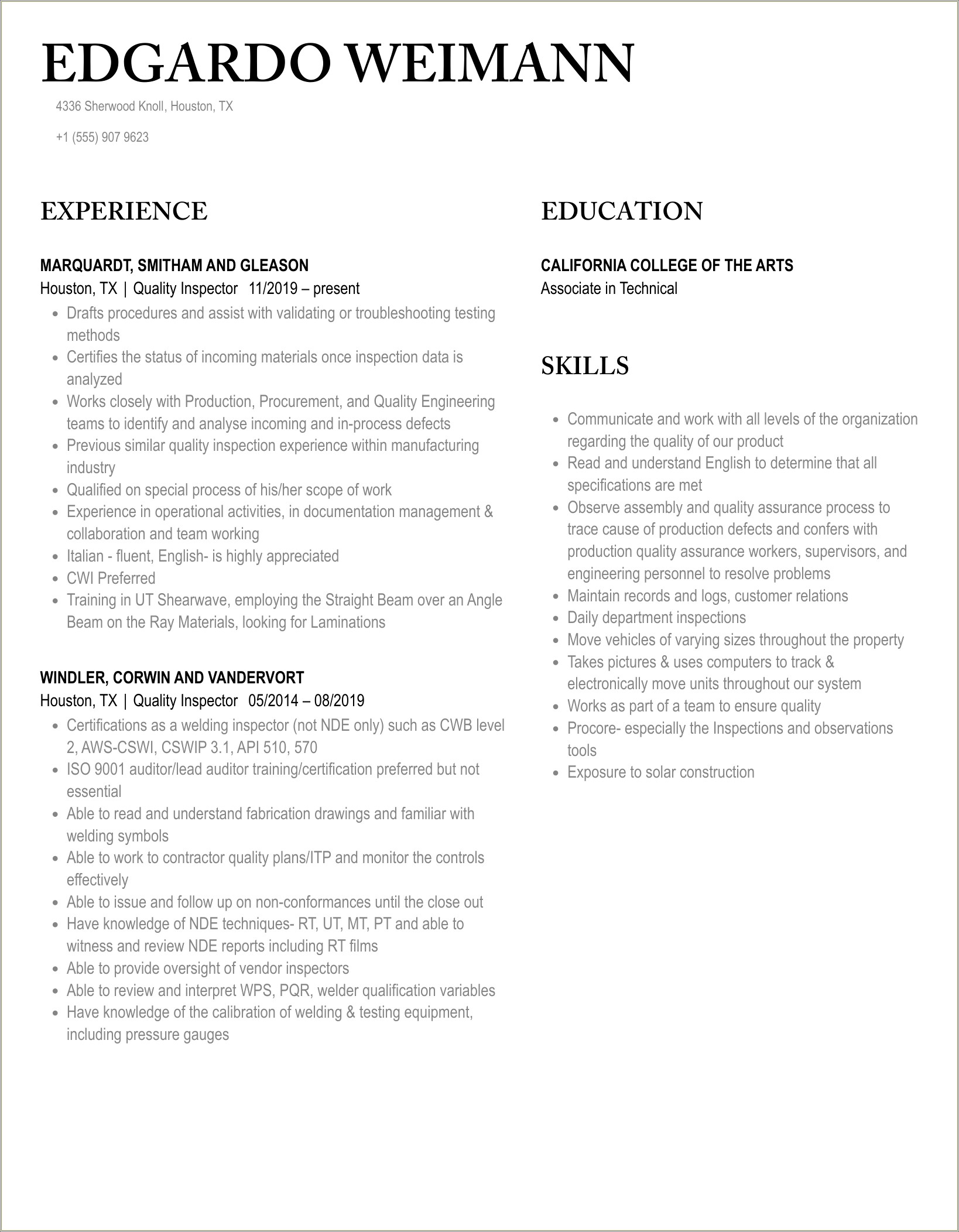 Sample Resume For Quality Inspector For Aerospace Components