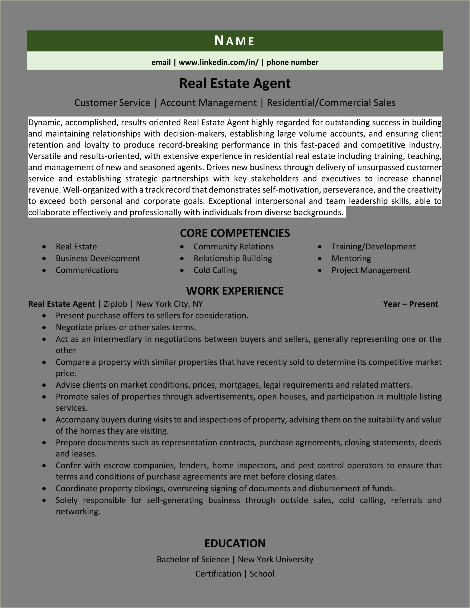 Sample Resume For Real Estate Professional