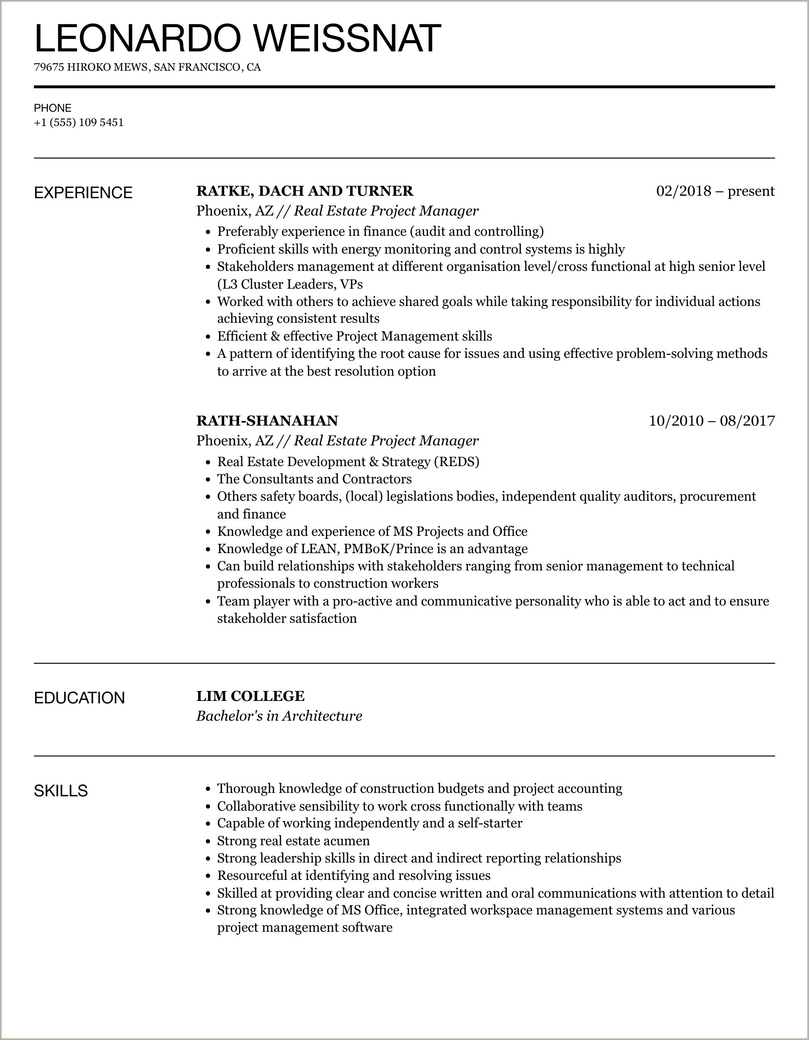 Sample Resume For Real Estate Project Manager