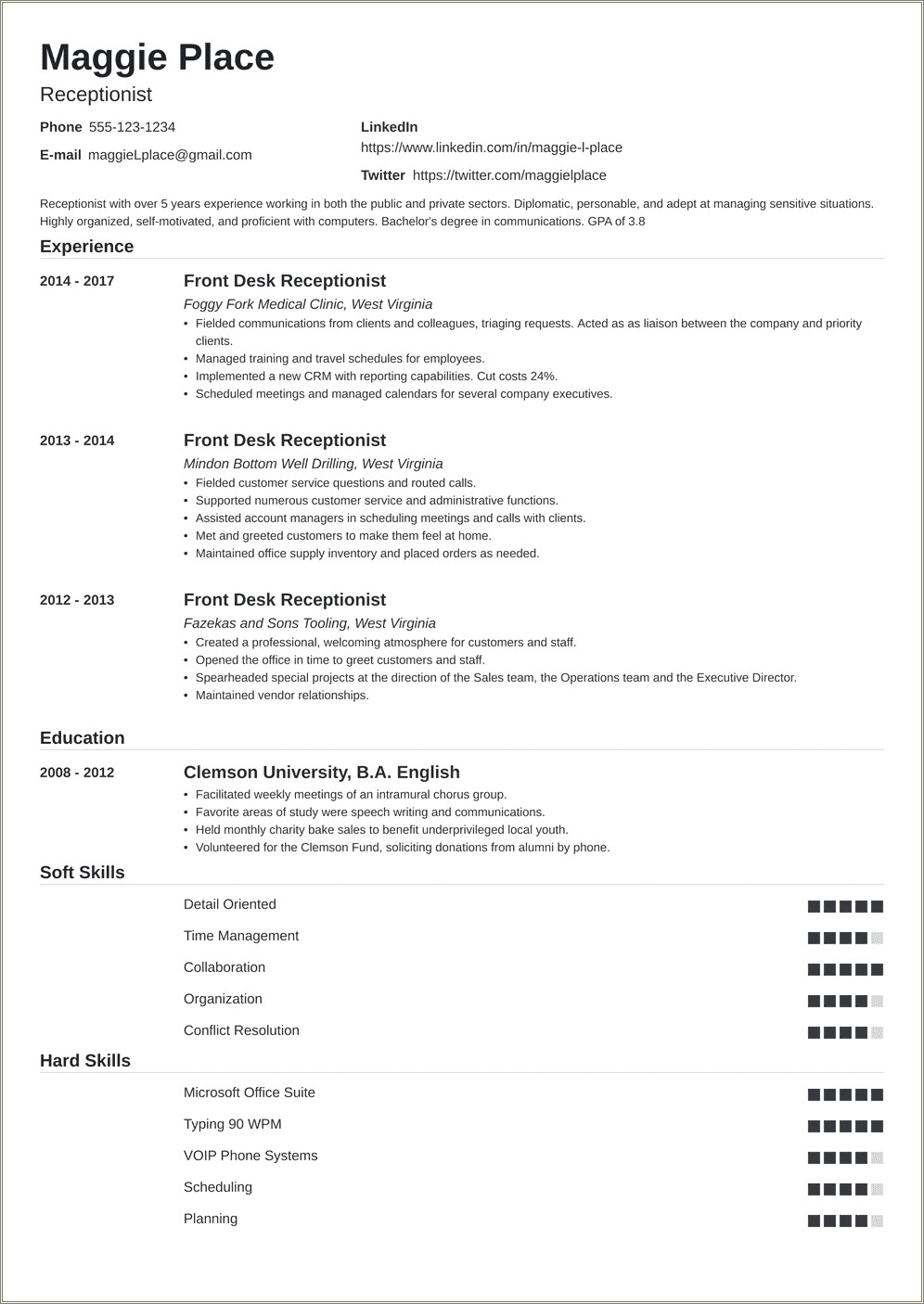 Sample Resume For Receptionist Administrative Assistant