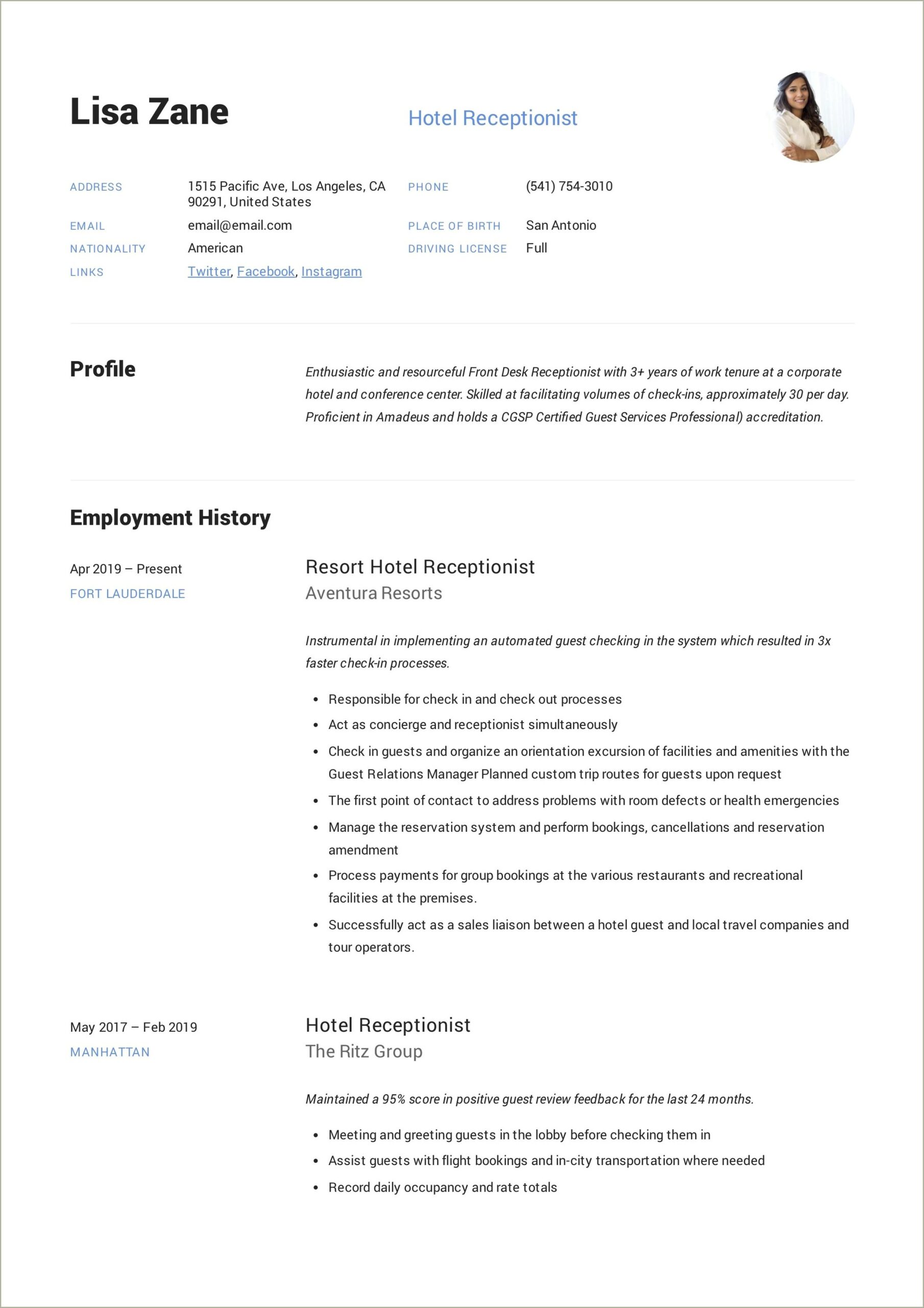 Sample Resume For Receptionist With Highlights