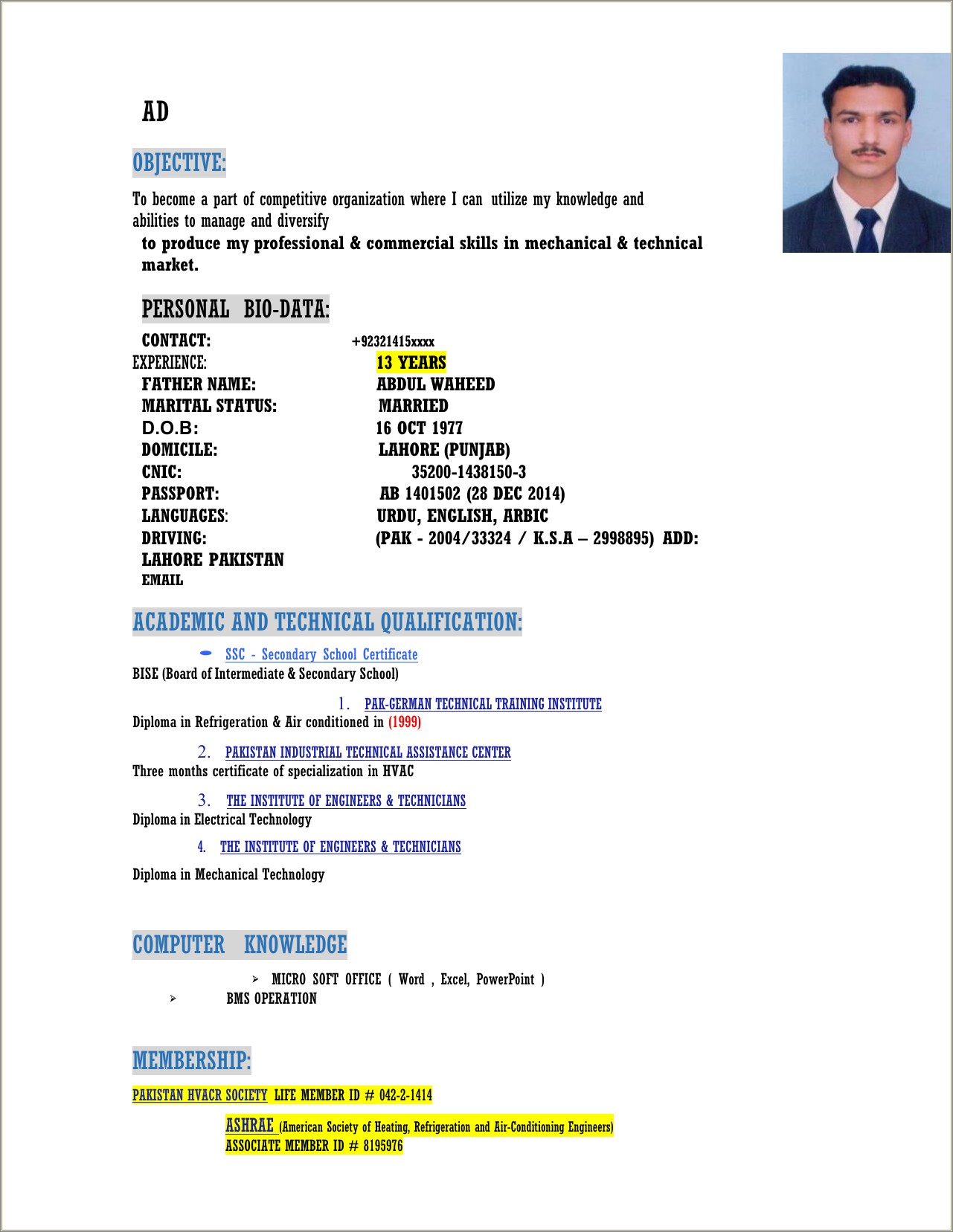 Sample Resume For Ref And Aircon Technician