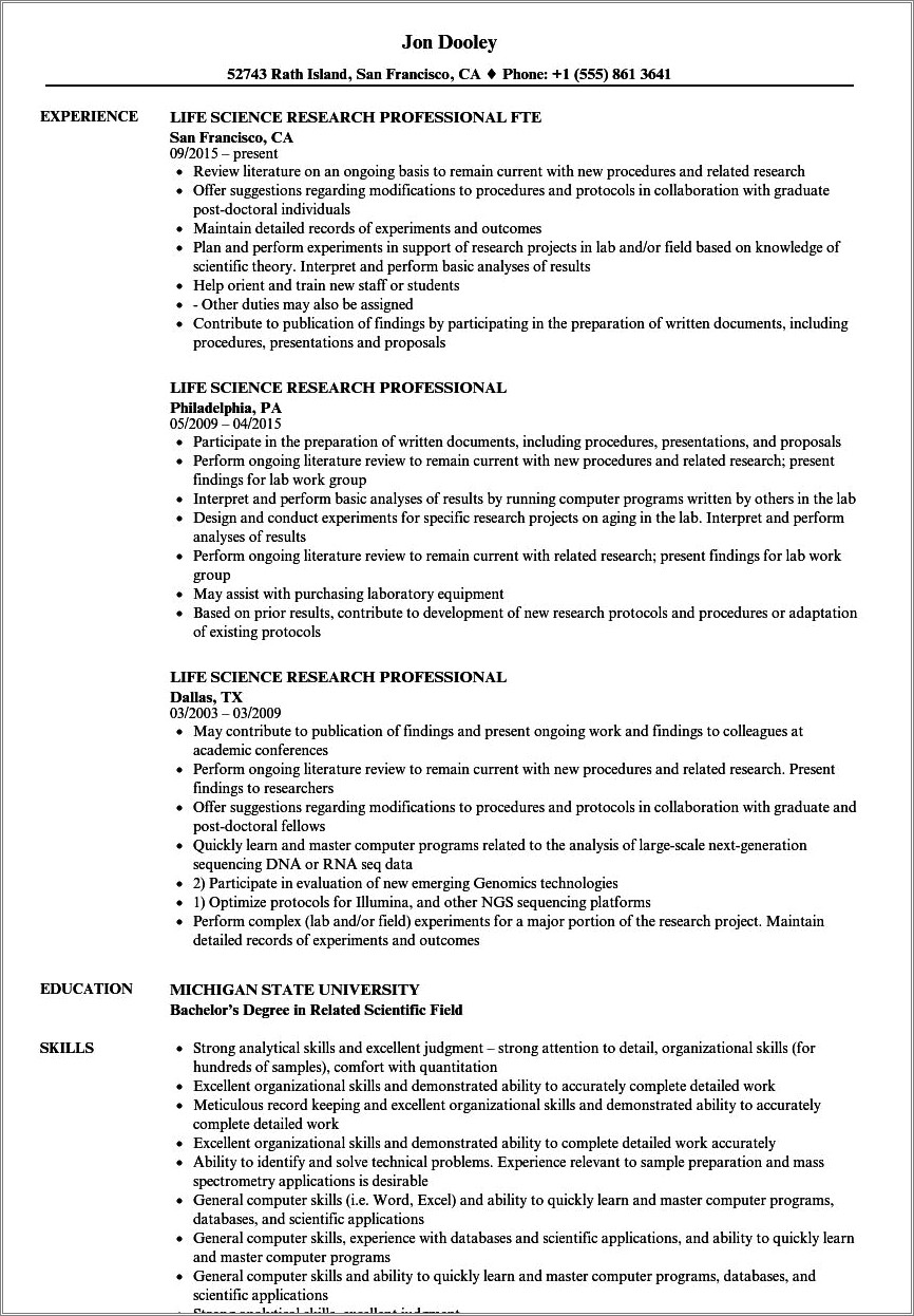 Sample Resume For Research Scientist Position