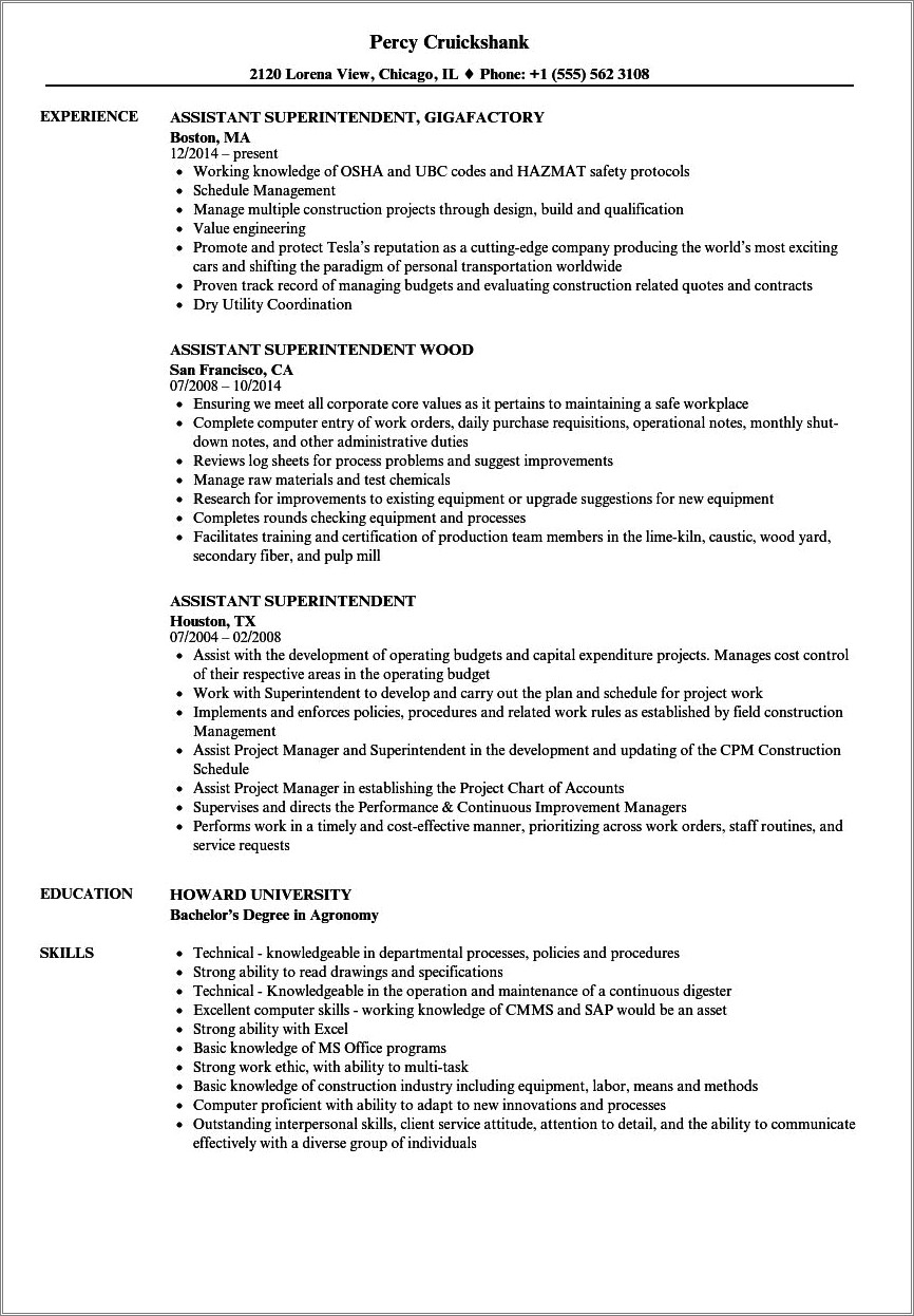 Sample Resume For Residential Construction Superintendent