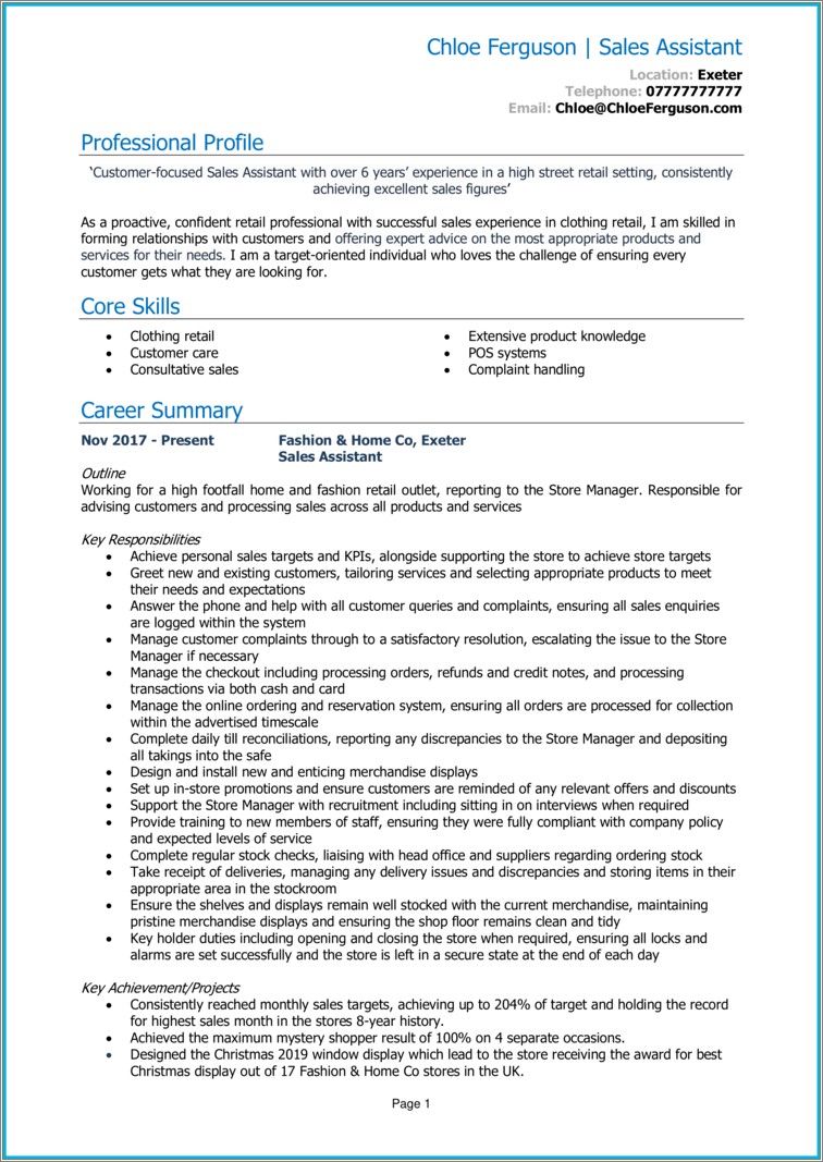 Sample Resume For Retail Clothing Sales Associate