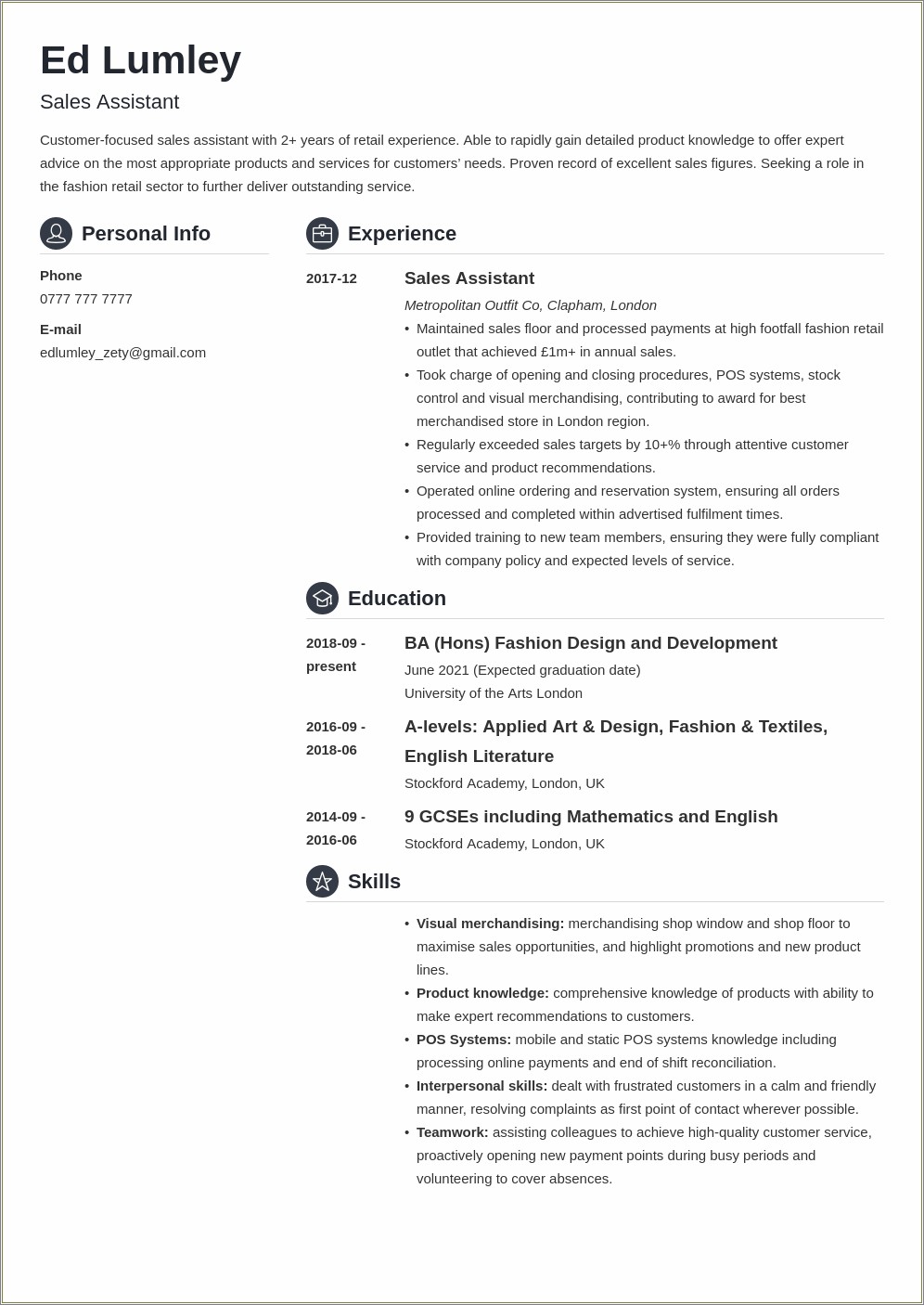 Sample Resume For Retail Shop Assistant