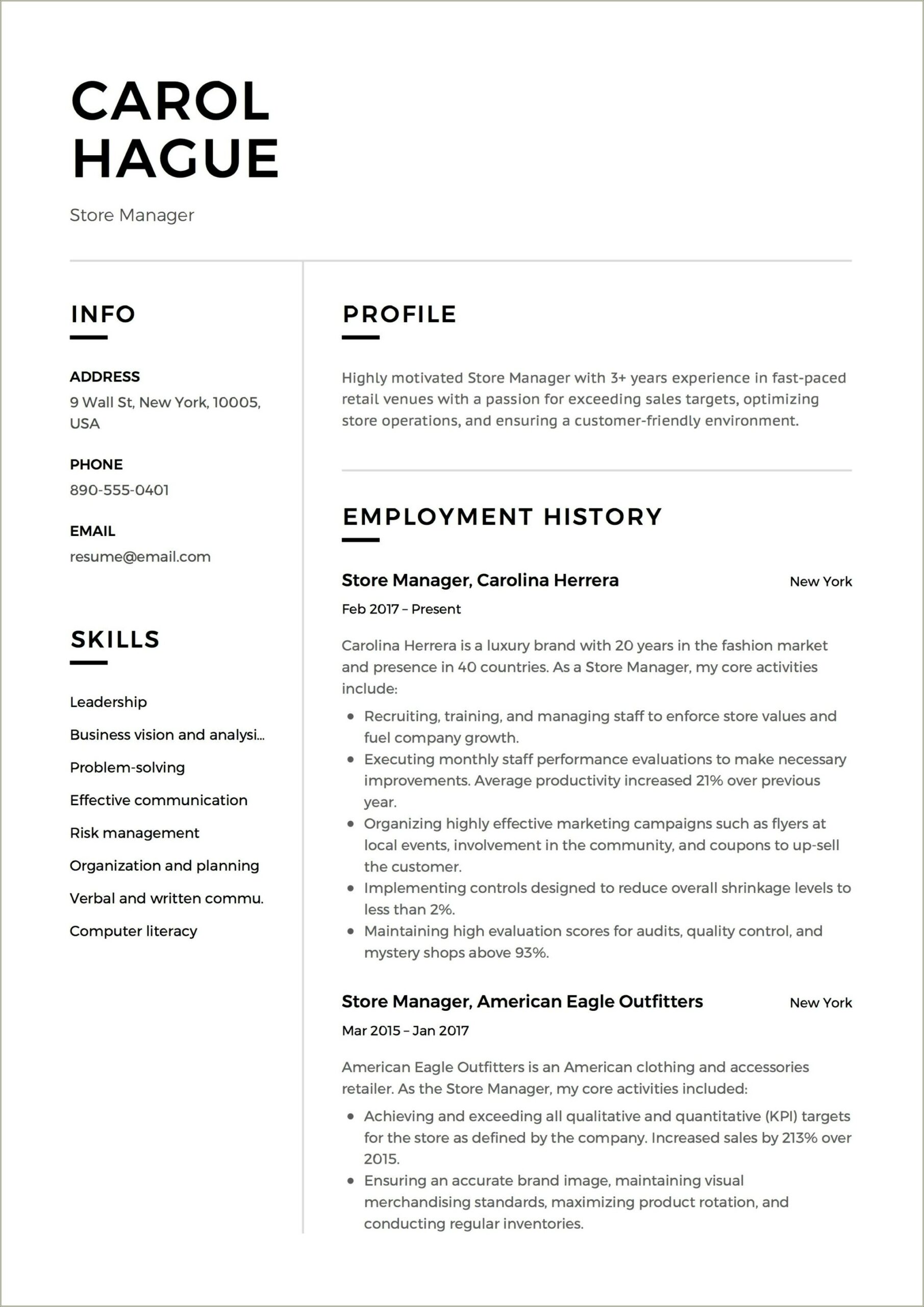 Sample Resume For Retail Store Supervisor