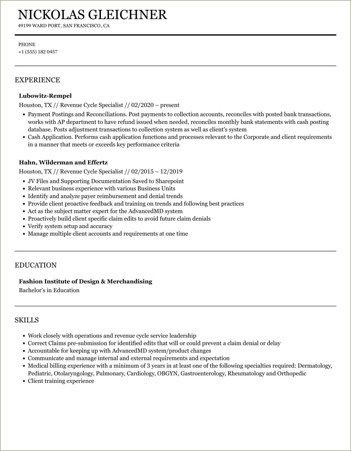 Sample Resume For Revenue Cycle Specialist