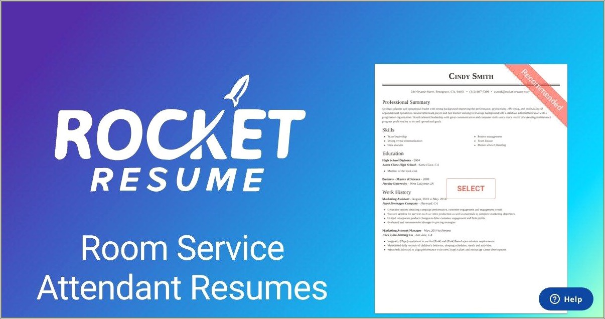 Sample Resume For Room Service Attendant