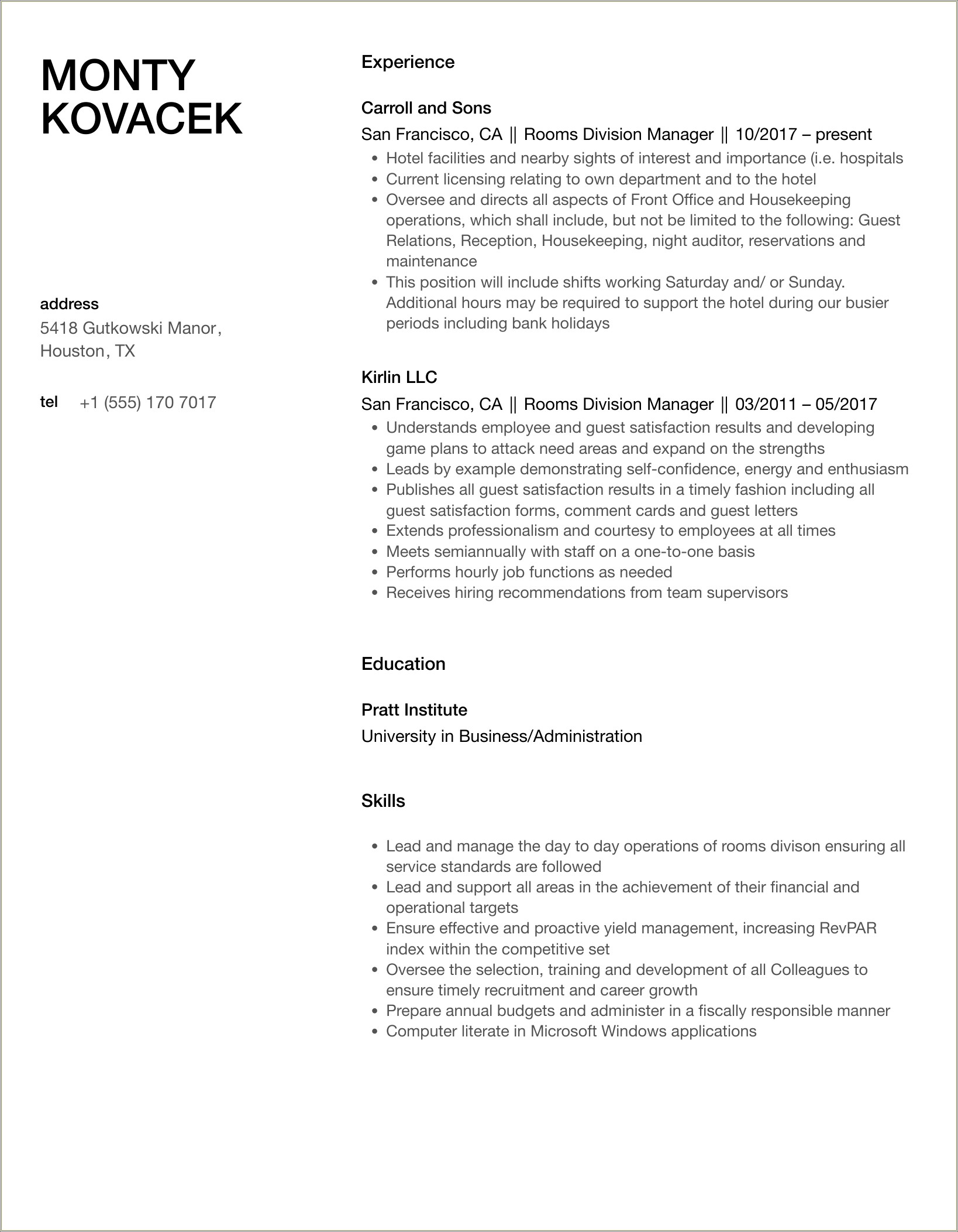 Sample Resume For Rooms Division Manager