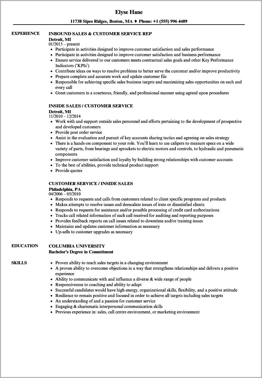 Sample Resume For Sales And Customer Service