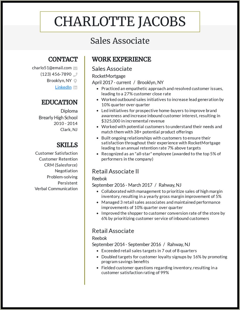Sample Resume For Sales Associate With No Experience