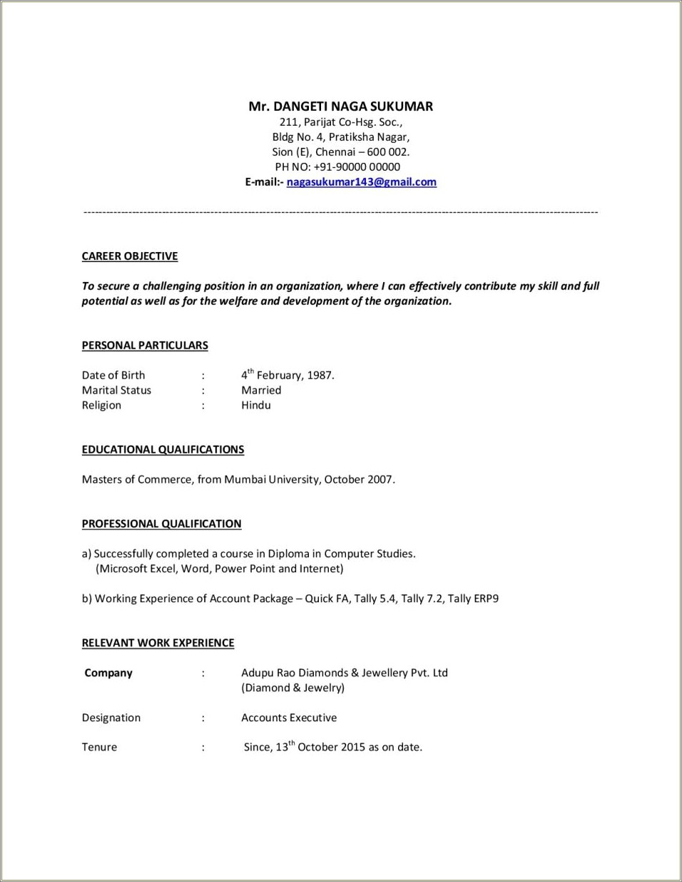 Sample Resume For Sales Executive Fresher