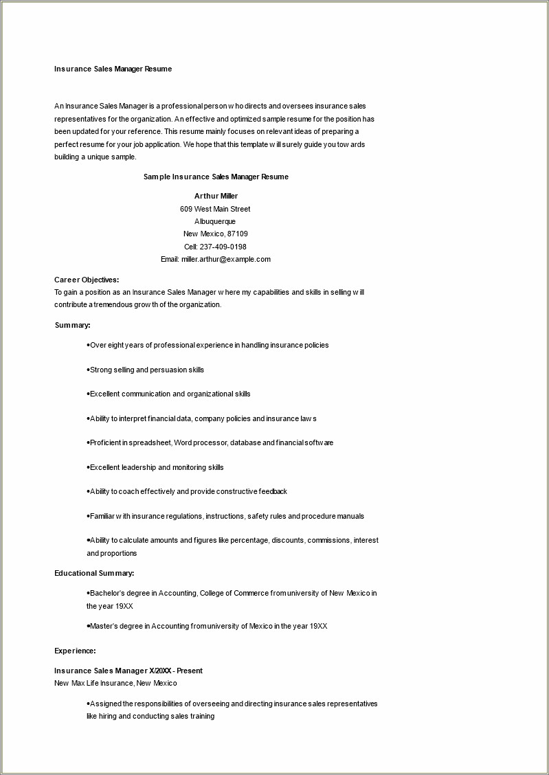 Sample Resume For Sales Manager Jobs