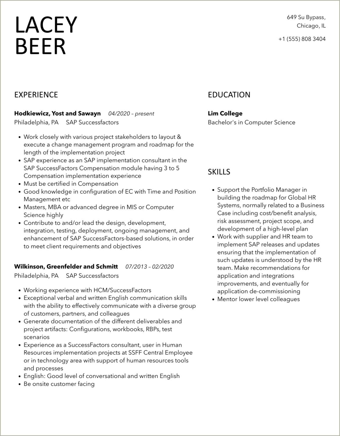 Sample Resume For Sap Successfactors Consultant