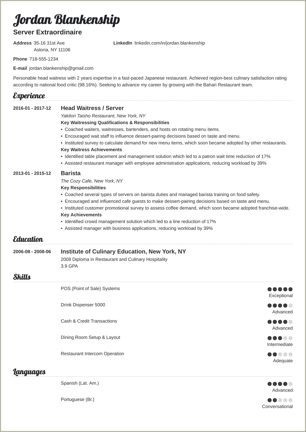 Sample Resume For School Food Service Manager